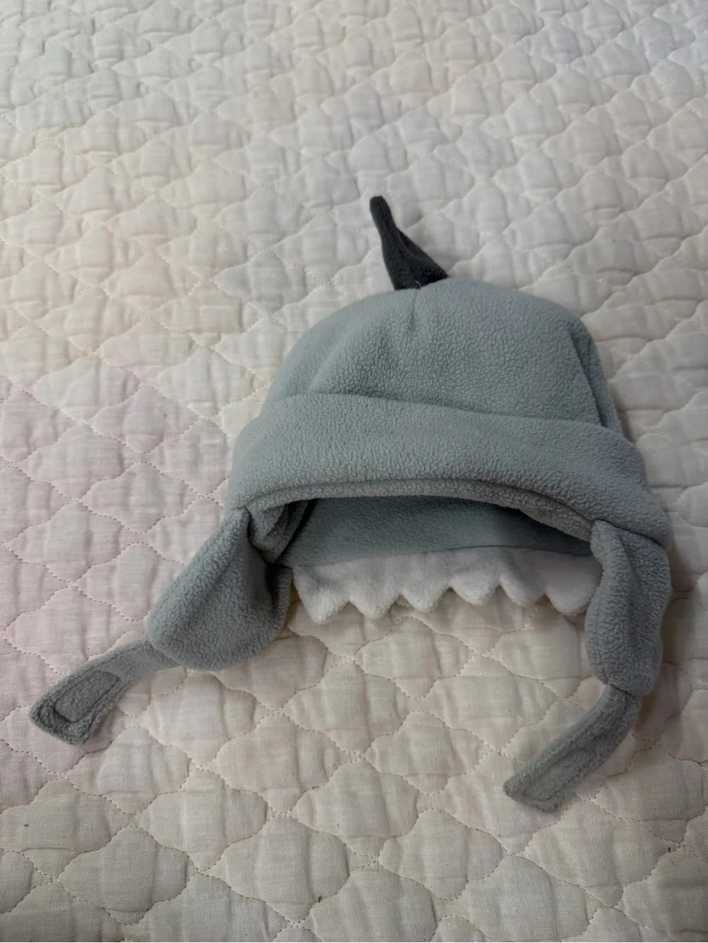 Children's Shark Fleece Earflap Hat in Light Gray with White Teeth infant
